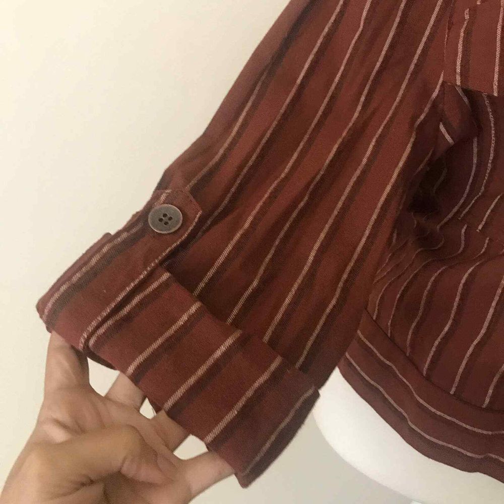 Mittoshop Blazer Womens Small Brown Striped Cropped Roll Tab Sleeve Boxy Fit - Picture 5 of 14